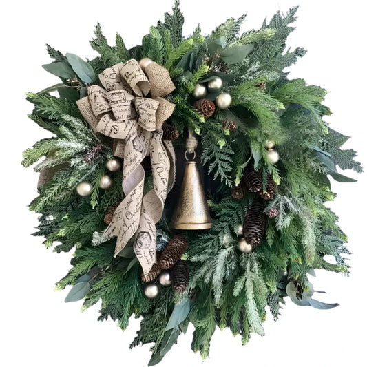 Farmhouse Christmas Wreath with Bells and Pine Cones
