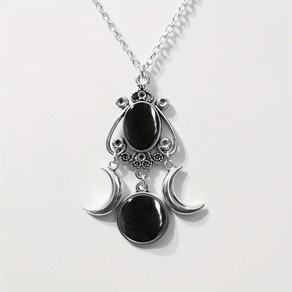 Charming Triple Moon Goddess Pendant Necklace (Black)