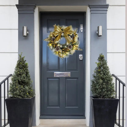 Golden Christmas Wreath with Pine Cones and Bow