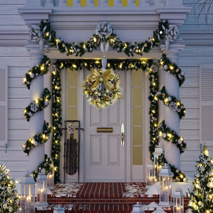 Golden Christmas Wreath with Pine Cones and Bow