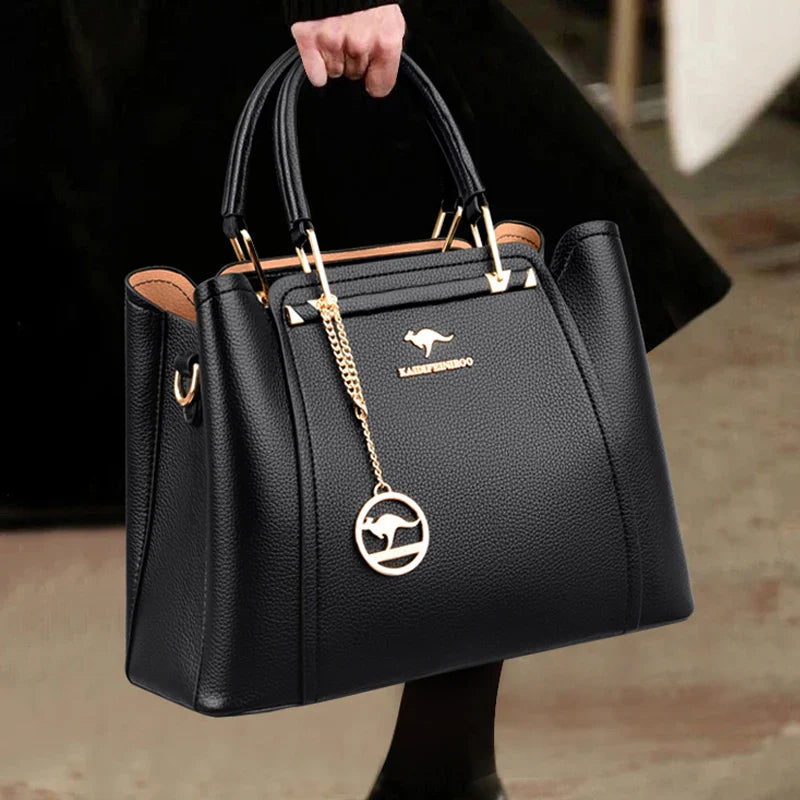 3-Layer Leather Shoulder Tote Crossbody Bag