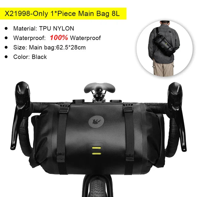 Waterproof Handlebar Bike Bag 8L Front Tube Trunk Pannier Black