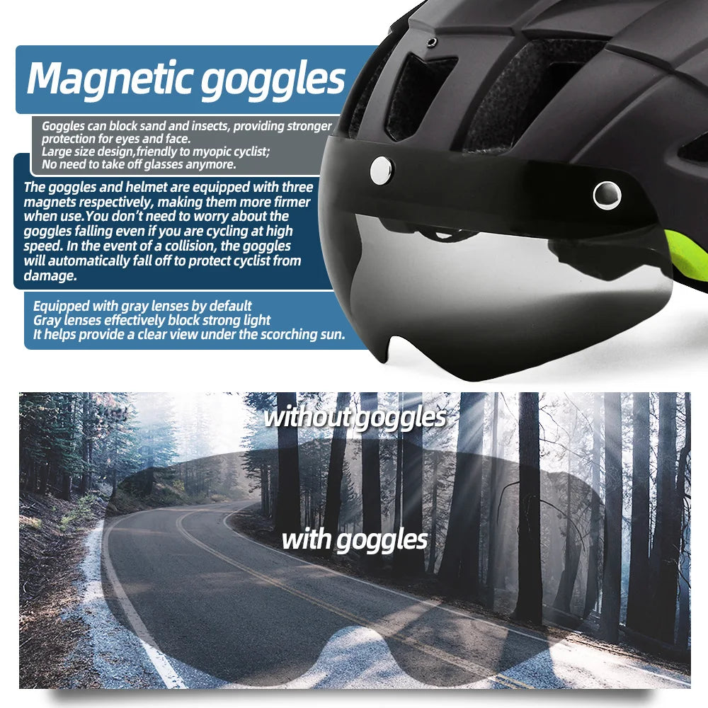 LED Bike Helmet Magnetic Goggles Sun Visor Green