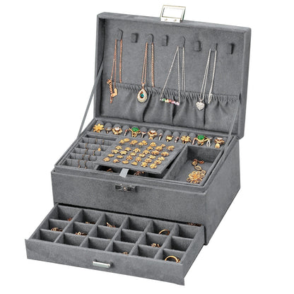 3-layes Black Flannel Jewelry Box boite a bijou Jewelry Organizer Necklace Earring Ring Storage Box for Women Gifts