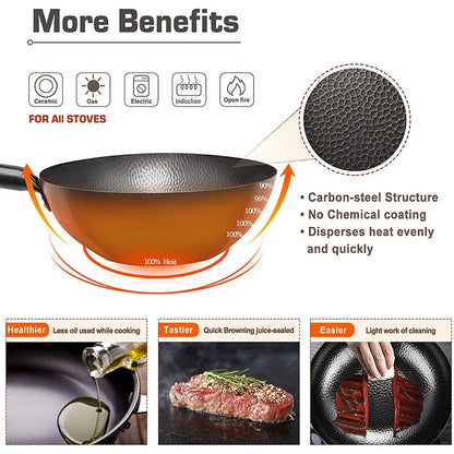 32cm Carbon Steel Wok with Wooden Lid Flat Bottom Non-Stick Black