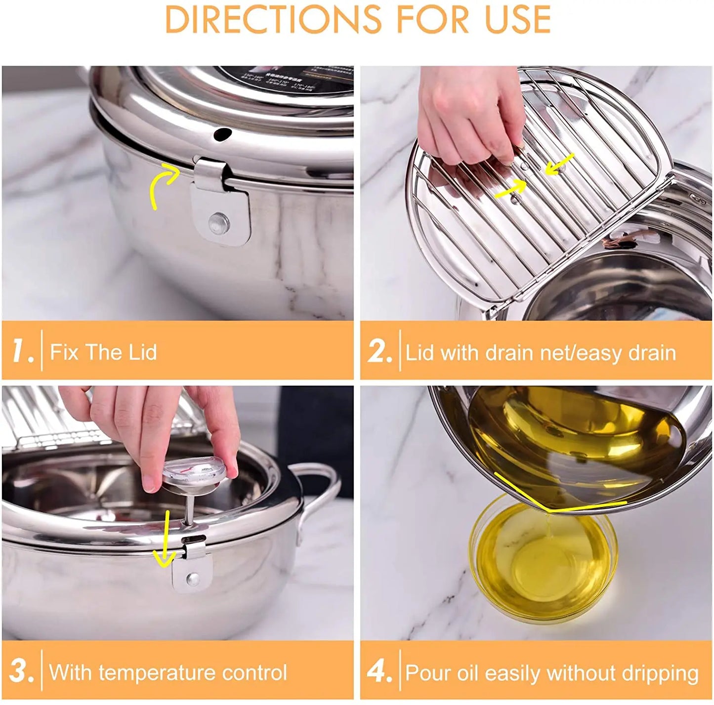 304 Stainless Steel Deep Frying Pot with Thermometer And Lid Silver