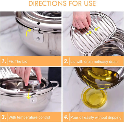 304 Stainless Steel Deep Frying Pot with Thermometer And Lid Silver