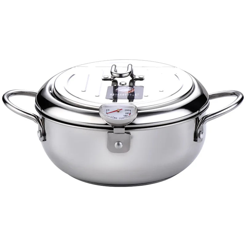 304 Stainless Steel Deep Frying Pot with Thermometer And Lid Silver