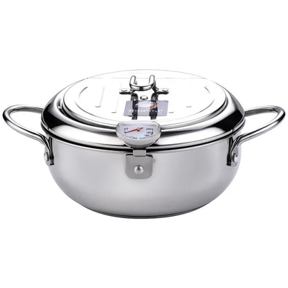 304 Stainless Steel Deep Frying Pot with Thermometer And Lid Silver