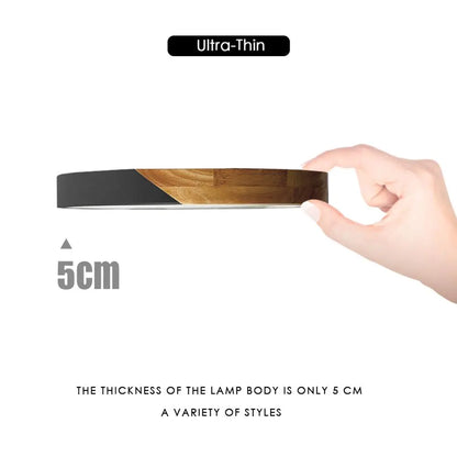 Nordic Wooden LED Ceiling Light - Black Round, RC Dimmable, 40x40x5cm, 36W