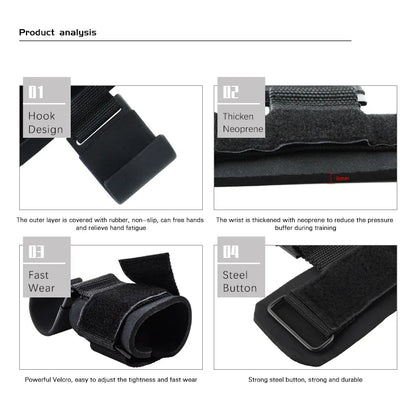 PowerLift Hook Grips with Wrist Wraps & Hand-Bar Straps