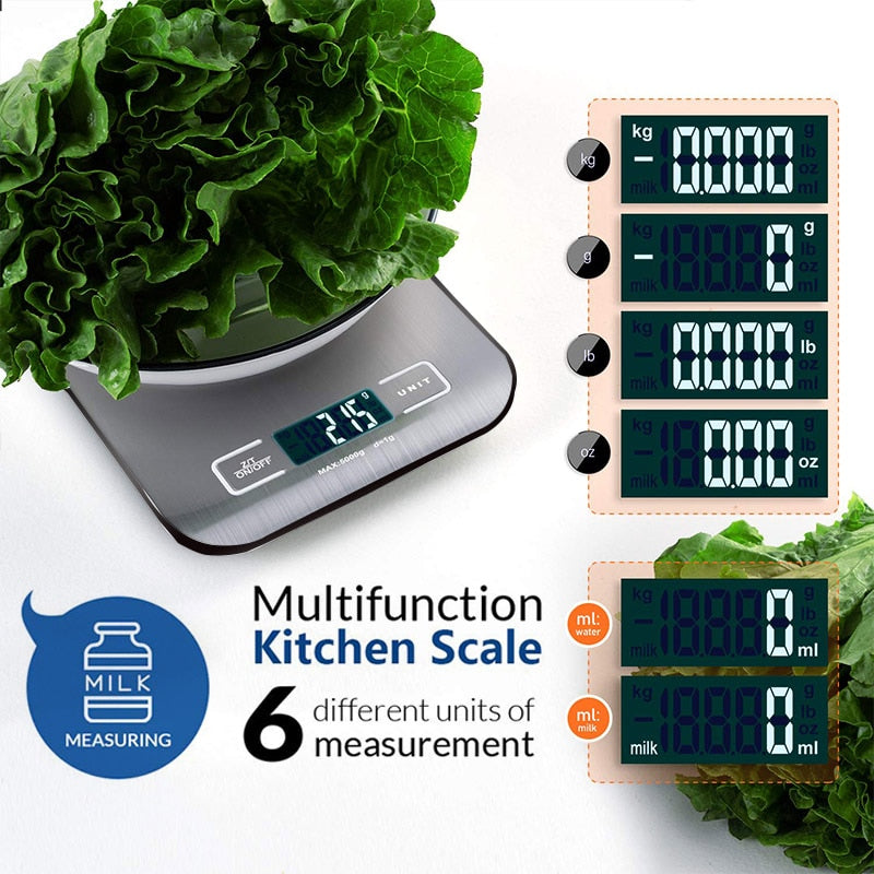 Digital Kitchen Scale 5kg/10kg Food Multi-Function 304 Stainless Steel Balance LCD Display Measuring Grams Ounces Cooking Baking