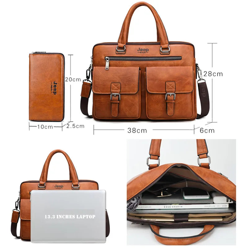Men's Split Leather Business Briefcase Bag Set (Orange 8006-8888)