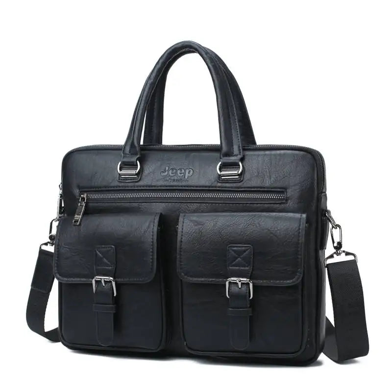 Men's Split Leather Business Briefcase Bag Set (Black 8006)