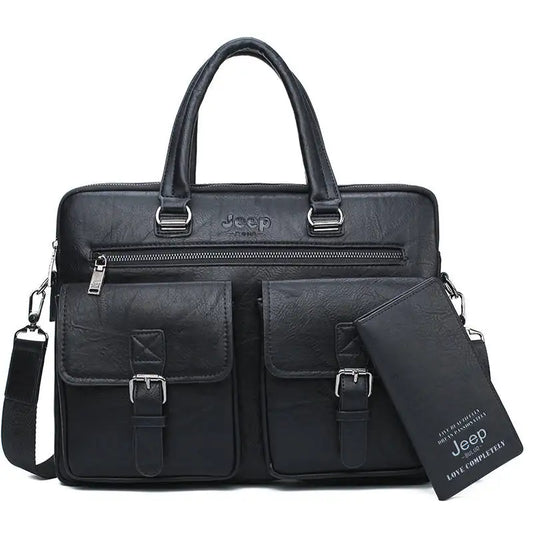 Men's Split Leather Business Briefcase Bag Set (Black 8006-8888)