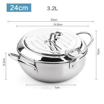 304 Stainless Steel Deep Frying Pot with Thermometer And Lid Silver