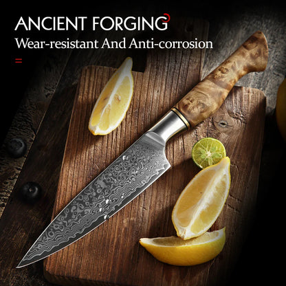 5-Inch Damascus Utility Knife 67-Layer Super Steel Brown