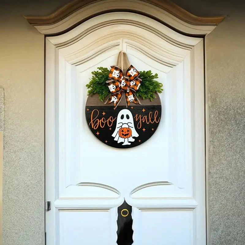 Halloween Ghost Wreath with Wooden Round Board