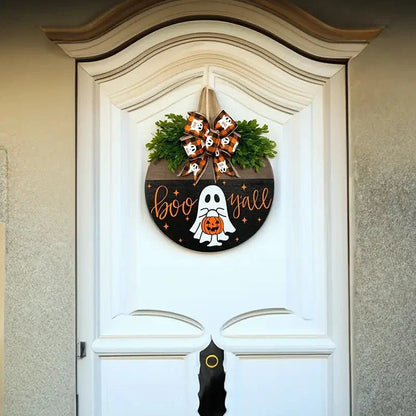 Halloween Ghost Wreath with Wooden Round Board
