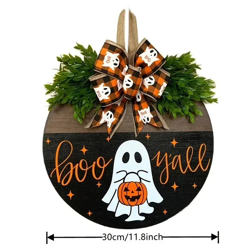 Halloween Ghost Wreath with Wooden Round Board