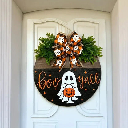 Halloween Ghost Wreath with Wooden Round Board