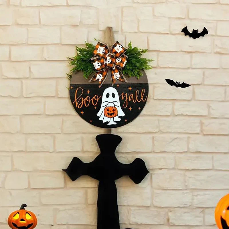 Halloween Ghost Wreath with Wooden Round Board