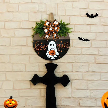 Halloween Ghost Wreath with Wooden Round Board