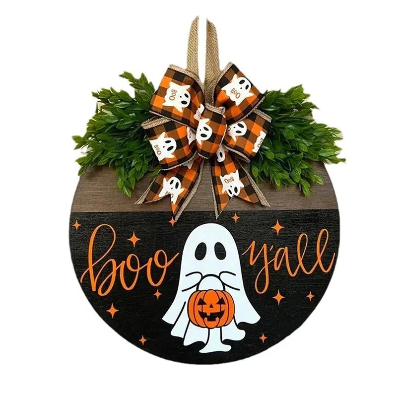 Halloween Ghost Wreath with Wooden Round Board