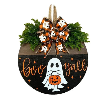 Halloween Ghost Wreath with Wooden Round Board