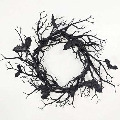 Halloween Black Bat Branch Wreath with Red LED Lights