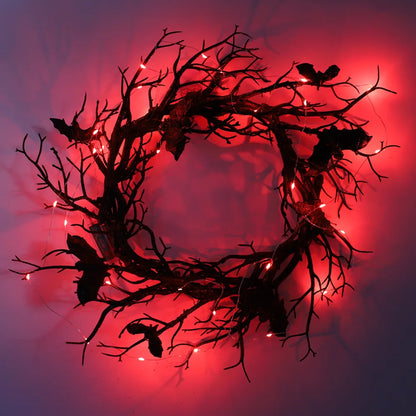 Halloween Black Bat Branch Wreath with Red LED Lights