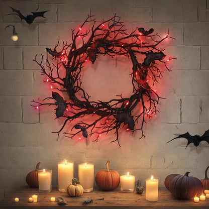 Halloween Black Bat Branch Wreath with Red LED Lights