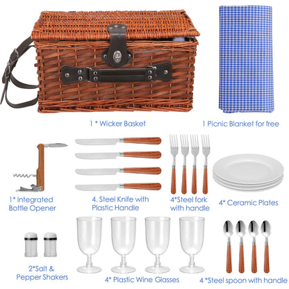 Handmade Wicker Picnic Basket with Blanket (4 sets)