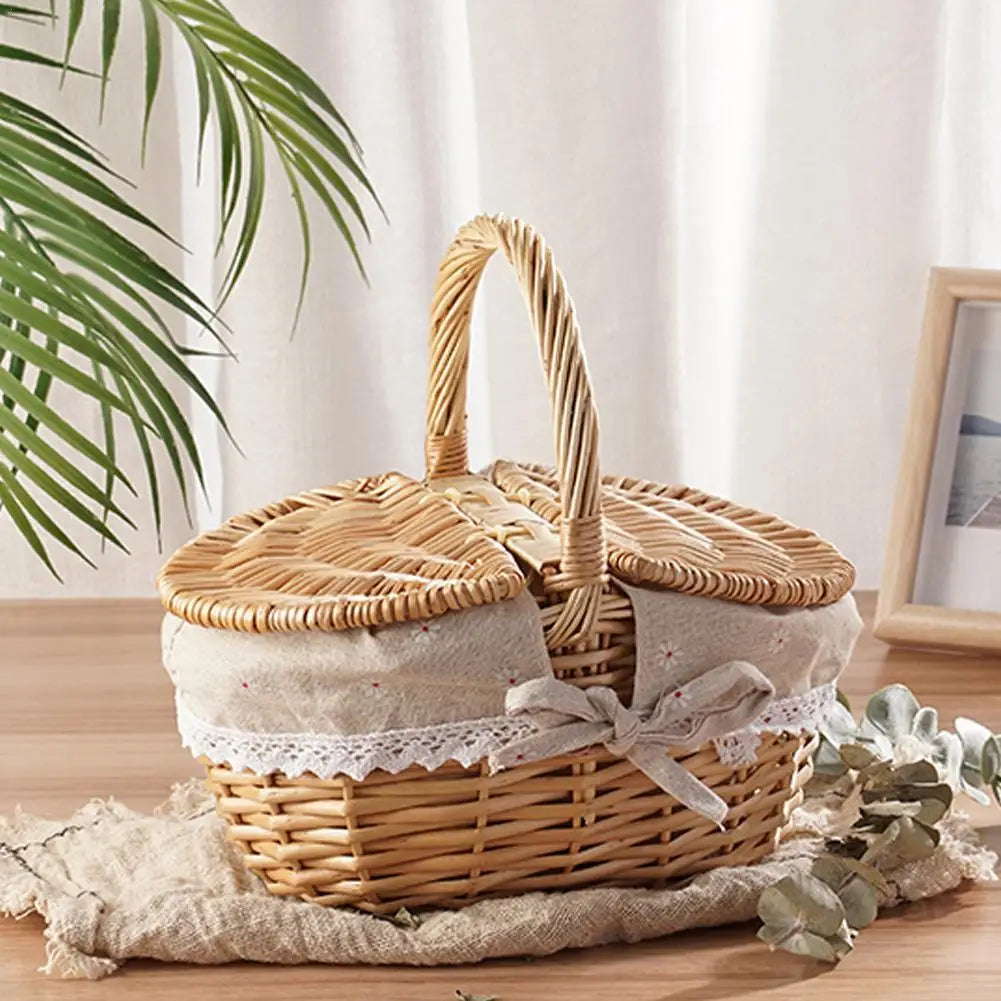Woven Wicker Picnic Basket with Double-Lid Handle