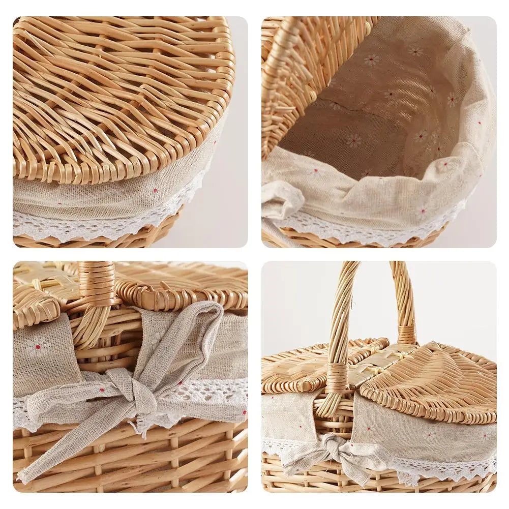 Woven Wicker Picnic Basket with Double-Lid Handle