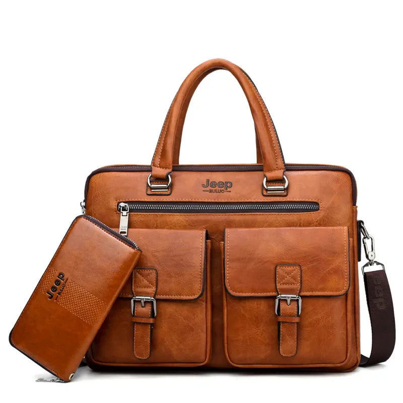 Men's Split Leather Business Briefcase Bag Set (Orange 8006-8888)