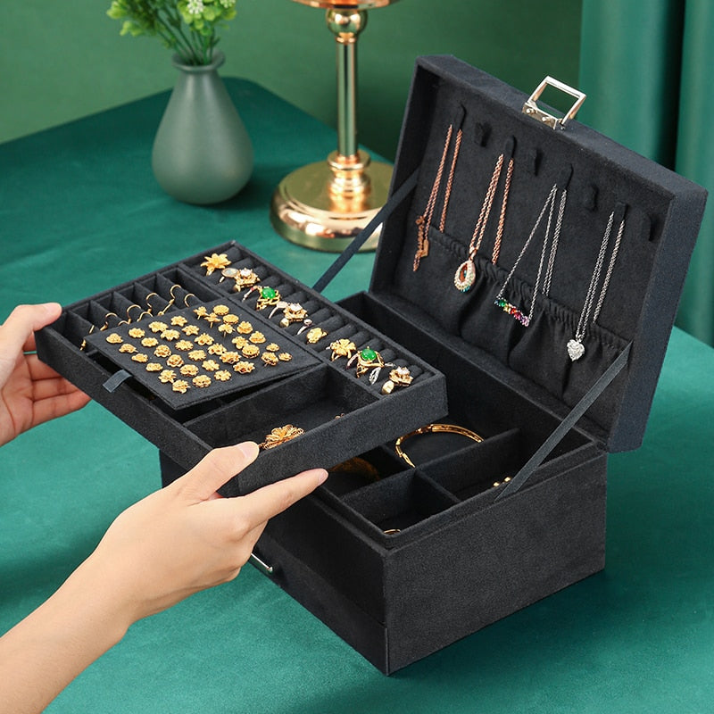 3-layes Black Flannel Jewelry Box boite a bijou Jewelry Organizer Necklace Earring Ring Storage Box for Women Gifts