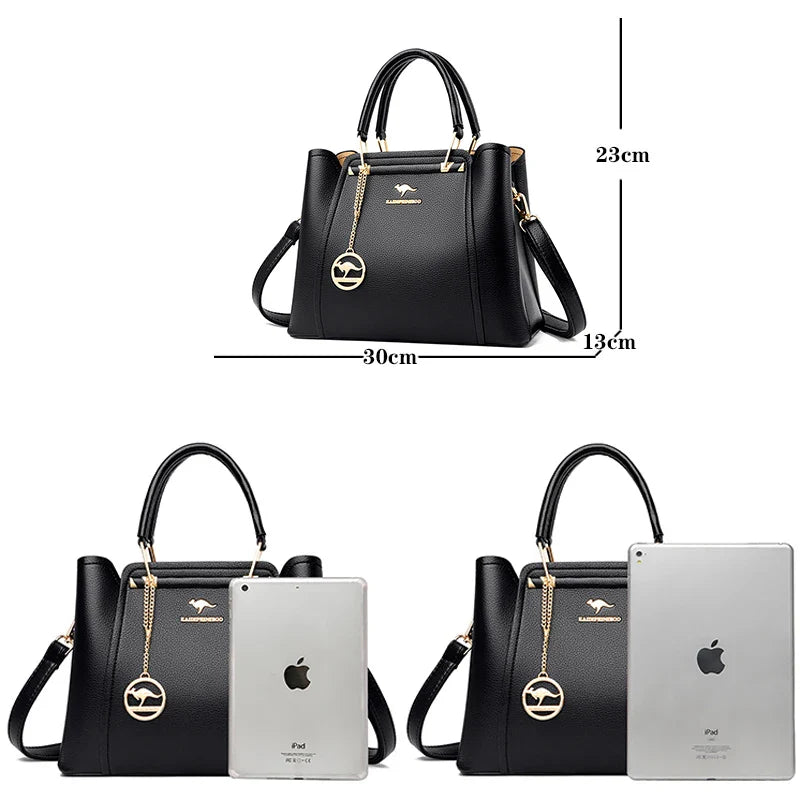 3-Layer Leather Shoulder Tote Crossbody Bag