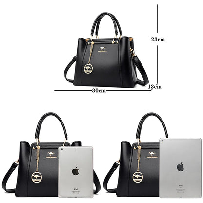 3-Layer Leather Shoulder Tote Crossbody Bag