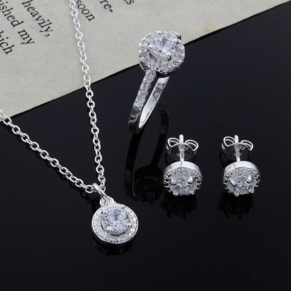 Sterling silver Cute Solid Christmas gift noble fashion elegant women shiny crystal CZ necklace earring ring jewelry Set