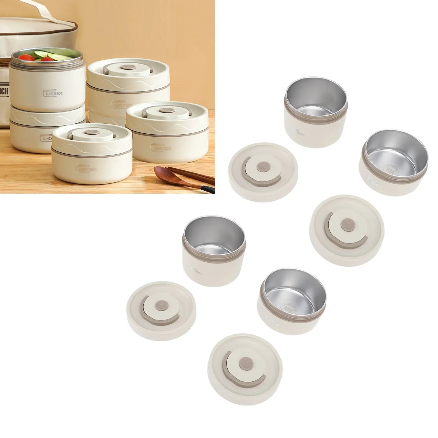 4Pcs 304 Stainless Steel Insulated Lunch Container Set Beige