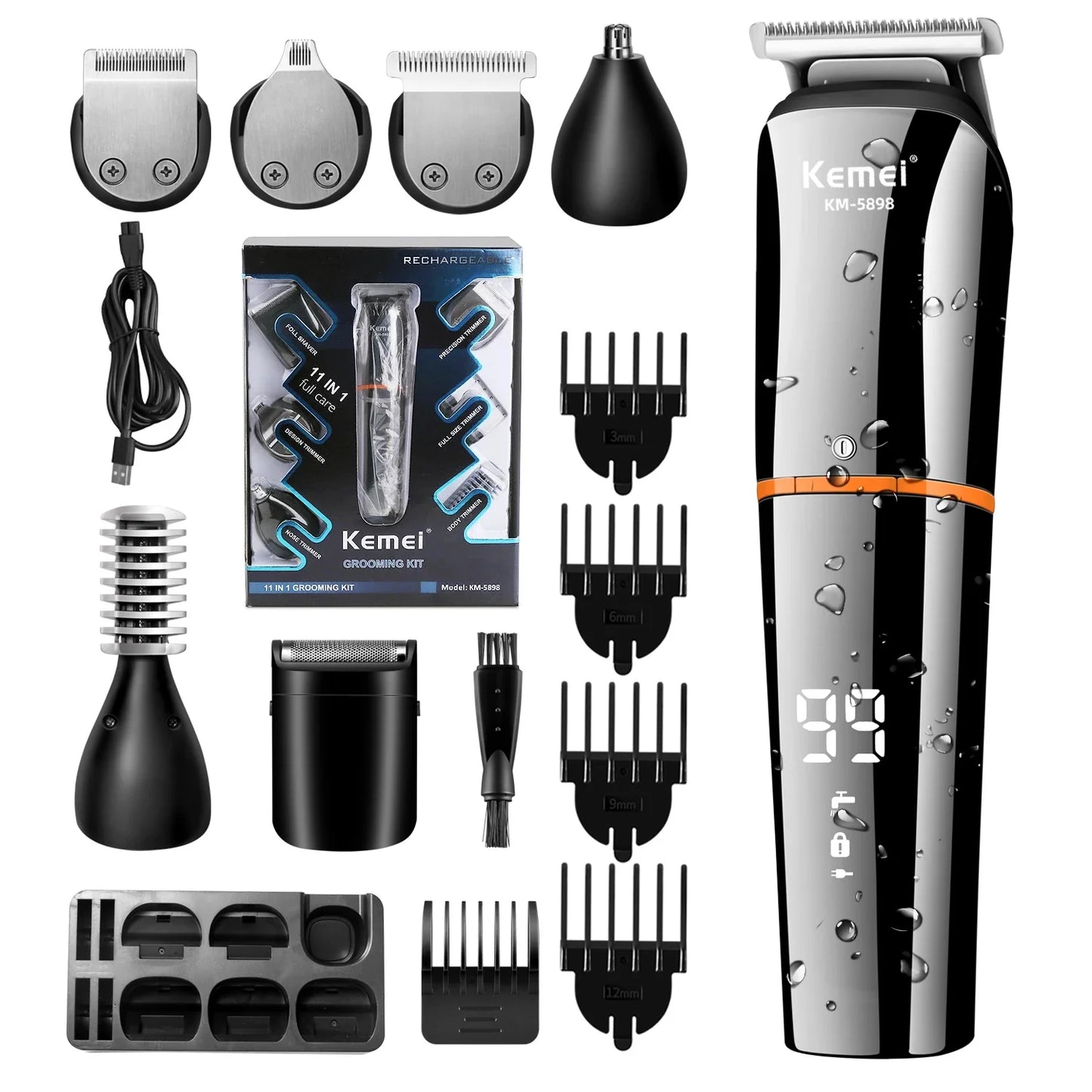 Waterproof 11-in-1 Men's Grooming Kit Cordless Rechargeable Trimmer Black