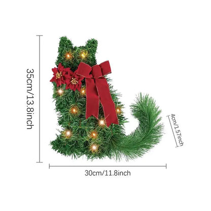 LED Christmas Cat Wreath with Pine Needles and Lights