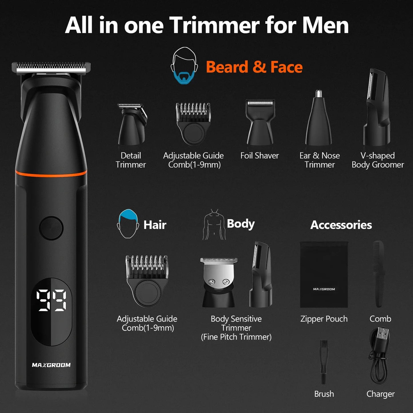 4 in 1 Body Hair Trimmer Kit for Men Waterproof Electric Shaver Black