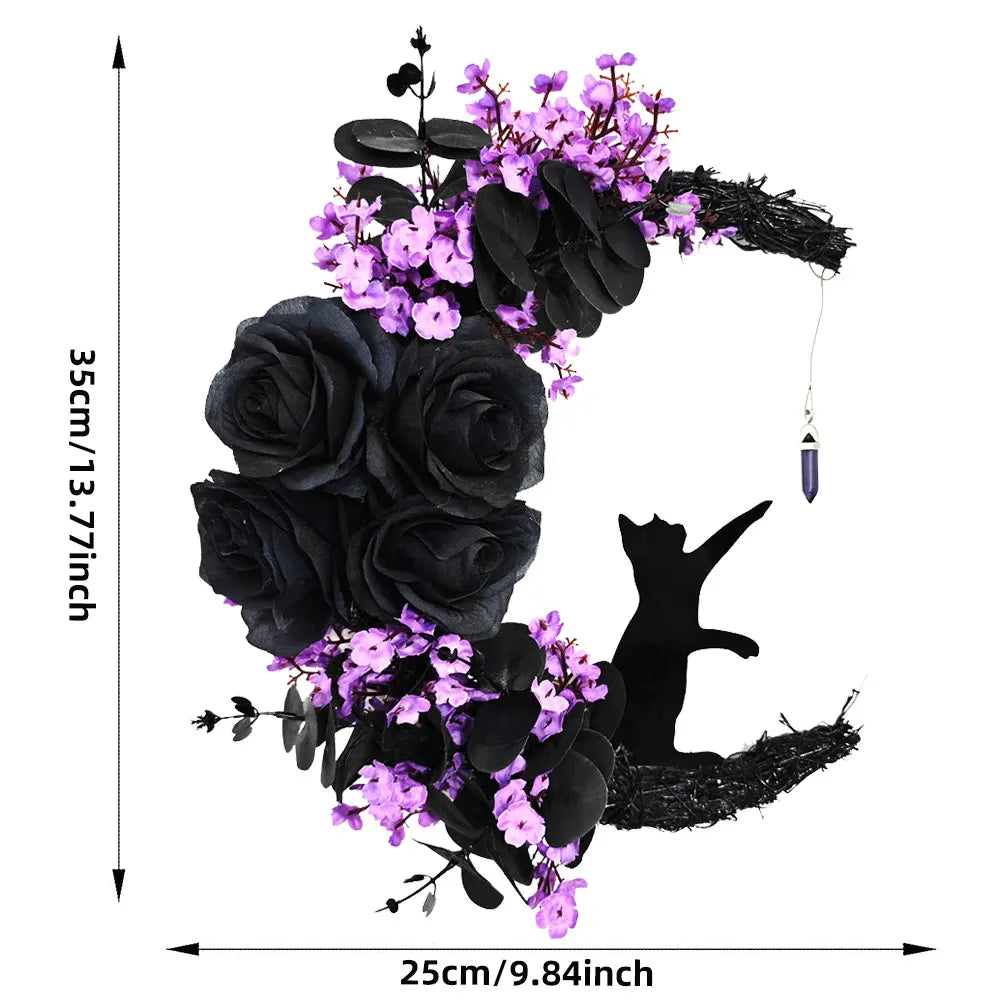 Moon Cat Halloween Wreath with Lights