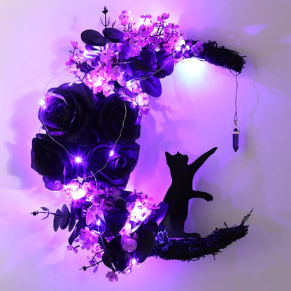 Moon Cat Halloween Wreath with Lights