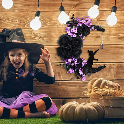 Moon Cat Halloween Wreath with Lights