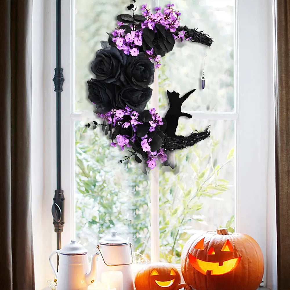 Moon Cat Halloween Wreath with Lights