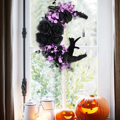 Moon Cat Halloween Wreath with Lights