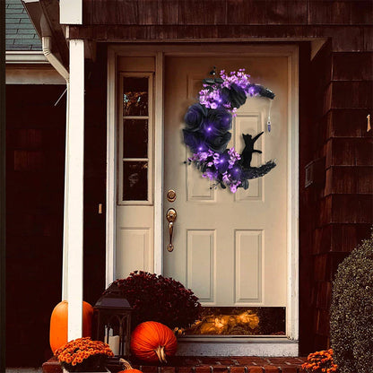 Moon Cat Halloween Wreath with Lights